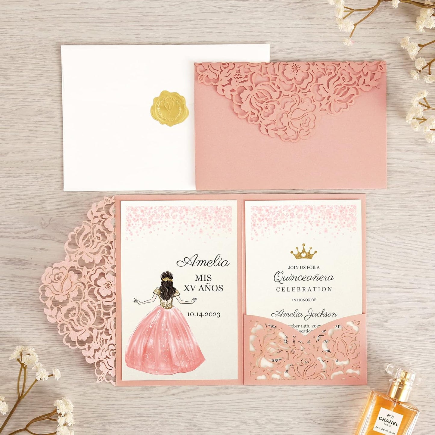 DORIS HOME 50pcs Laser Cut Quinceanera Invitations Pink, 4.7x7.1 Personalized Quince Invitations for 15th Birthday, Invitation cards for Sweet 16 with Envelopes