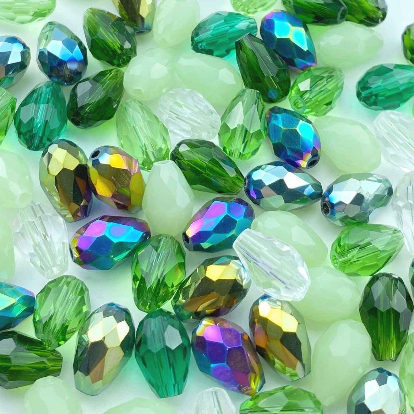 200pcs 3x5mm Teardrop Crystal Glass Beads Vertical Hole Faceted Loose Spacer Beads for DIY Craft Jewelry Making Necklace Bracelet Earring Wind Chimes(Green Series)