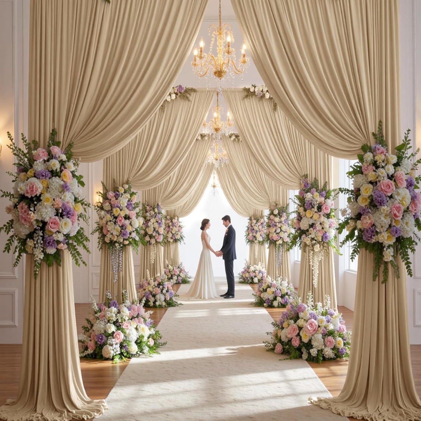 50×14 ft Wrinkle Free Beige Backdrop Curtain for Weddings Parties, 10 Panels 14ft Silky Polyester Wedding Drapes Backdrop Photo Back Drop Cloth for Birthday Baby Shower Photography Backgrounds