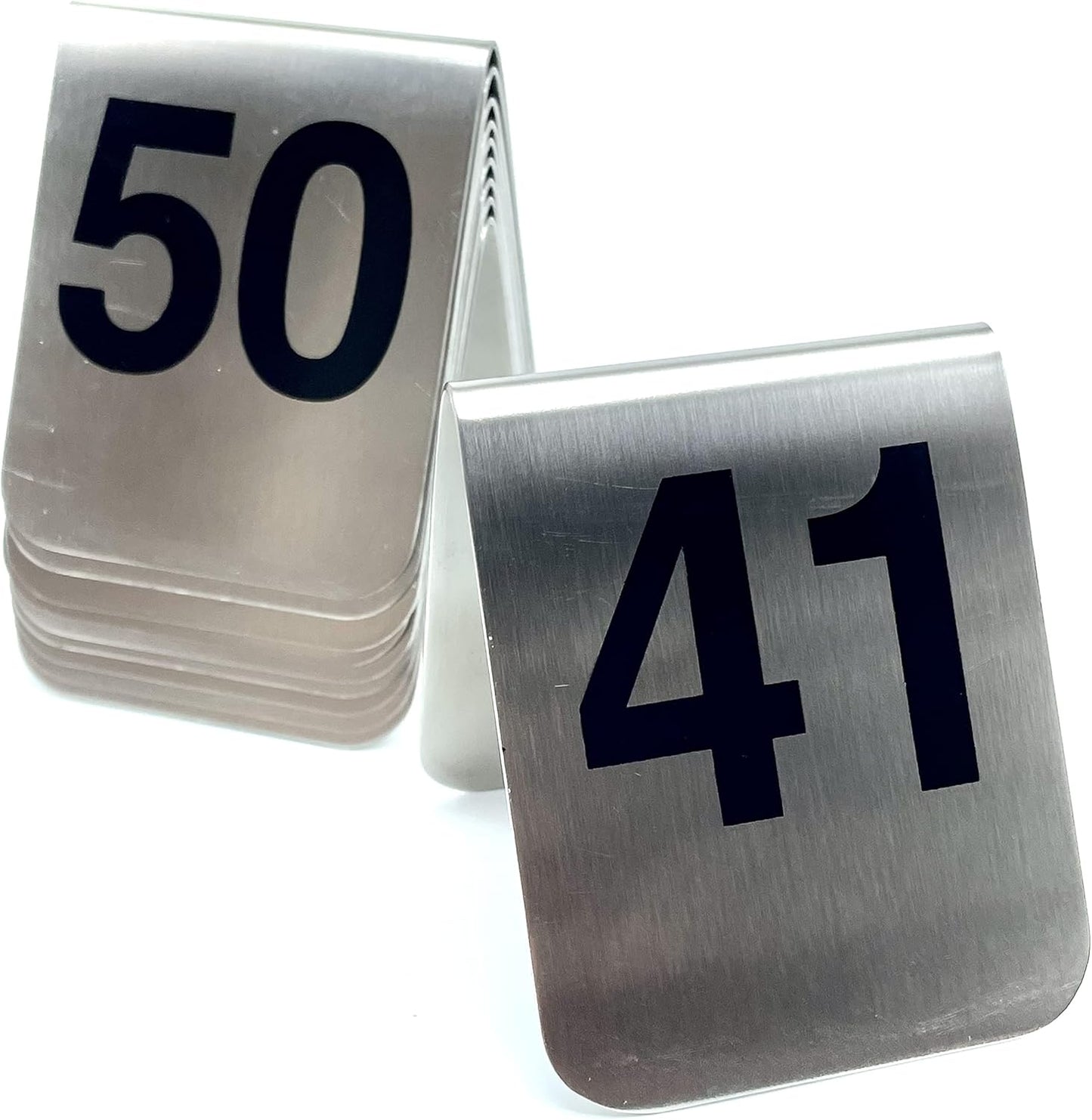 10 Pcs Metal Place Cards Stackable Tent Style Table Numbers，Place Card Holders for Celebration Wedding Party Restaurants Cafes Bars Gatherings meeting Room Board Game Serial (Medium 41-50, Black)