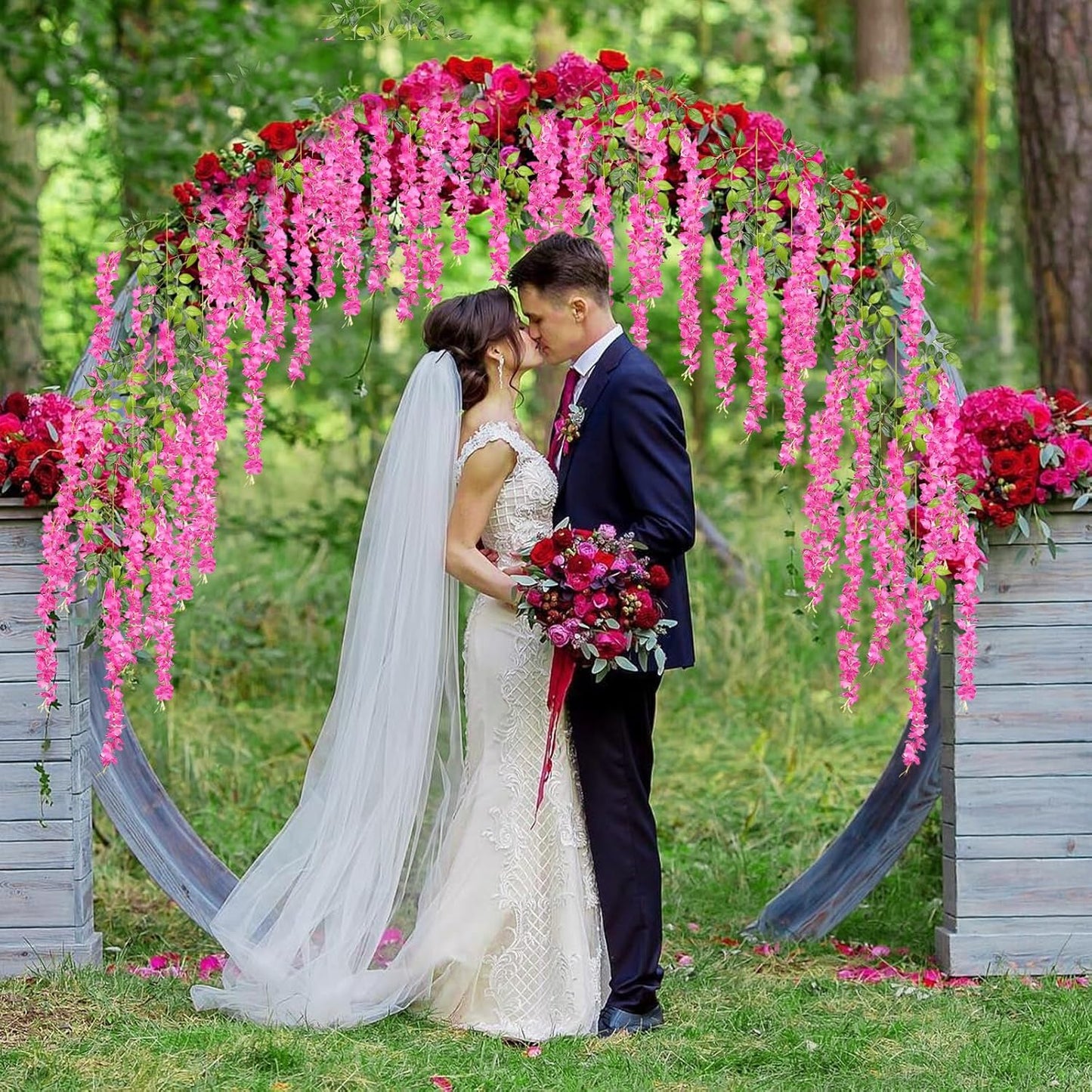 24 Pack Fuchsia Wisteria Hanging Flowers, 3.4 Ft Fake Hanging Flowers, Artificial Wisteria Garland Vines for Wedding Room Backdrop Outdoor Patio Garden Decoration