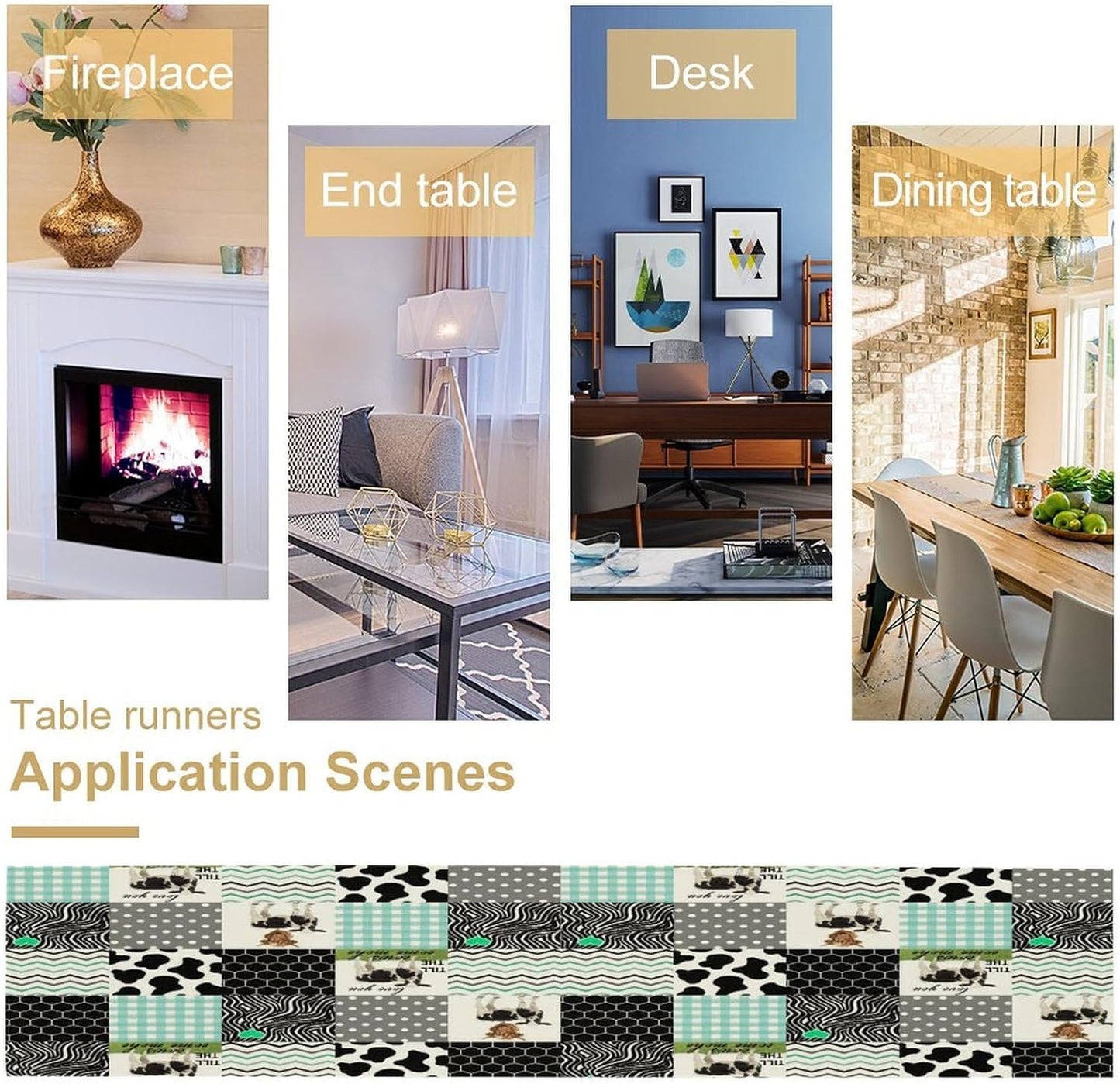 Cute Cow Print Table Runner,Farm Animals Honeycomb Plaid Stripes Cowhide Pattern Tablecloth Burlap for Hotel Indoors Outdoor Dining Room Kitchen Table Decor, 13x90in