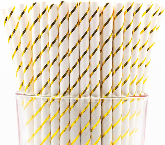 Pack of 900 Gold Foil Stripes Biodegradable 4-Ply Paper Drinking Straws (Compostable, Non-toxic, BPA-free)