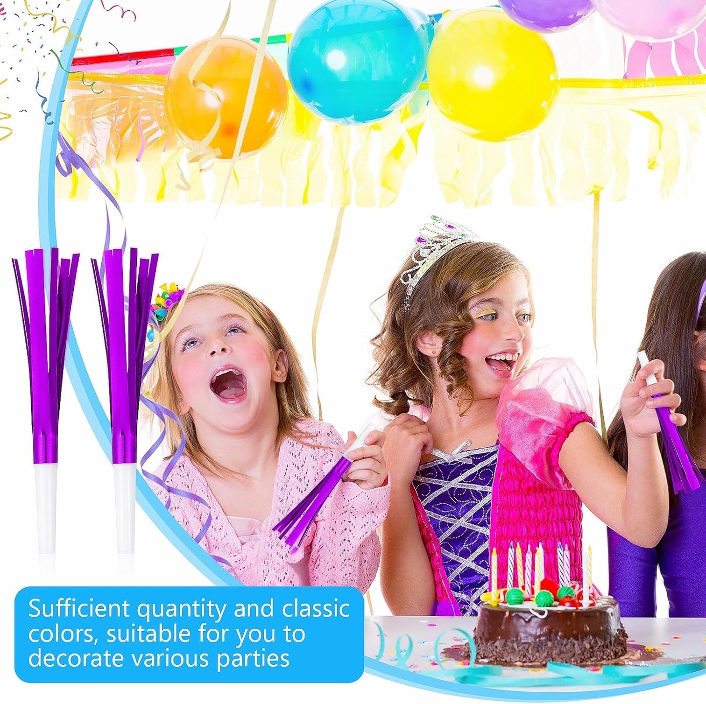 Noise Makers Party Horns, 48 Pack, Purple Metallic Glitter with Fringe, for Birthday, Wedding, New Year