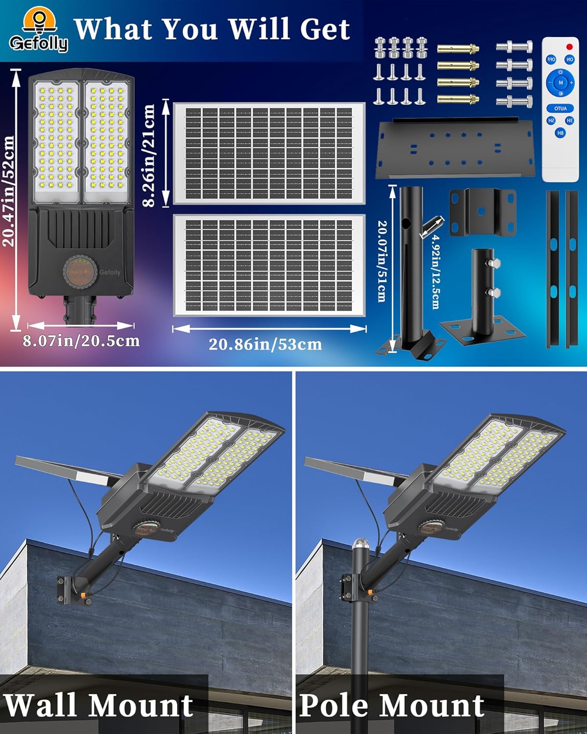 Gefolly SL-8500W Solar Street Light Outdoor 500000LM Commercial Parking Lot Lights Dusk to Dawn 6500K Flood Security Light IP67 Lamp with Motion Sensor for Basketball Court, Yard, Road