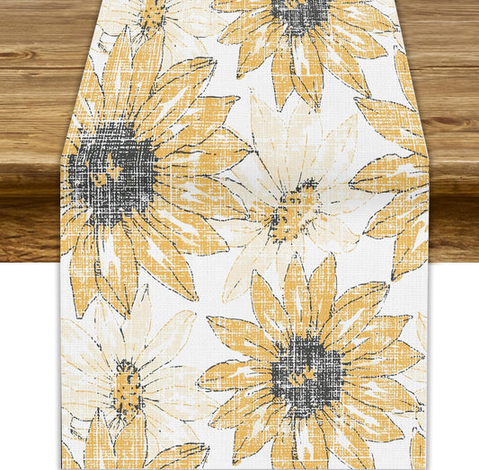 Chrysanthemum Vintage Floral Table Runner, Elegant Grunge Orange Sunflower Spring Summer Elegant Pattern Artichokes Flower Table Runner for Party Kitchen Dining Living Room Decor, 13x90 Inch