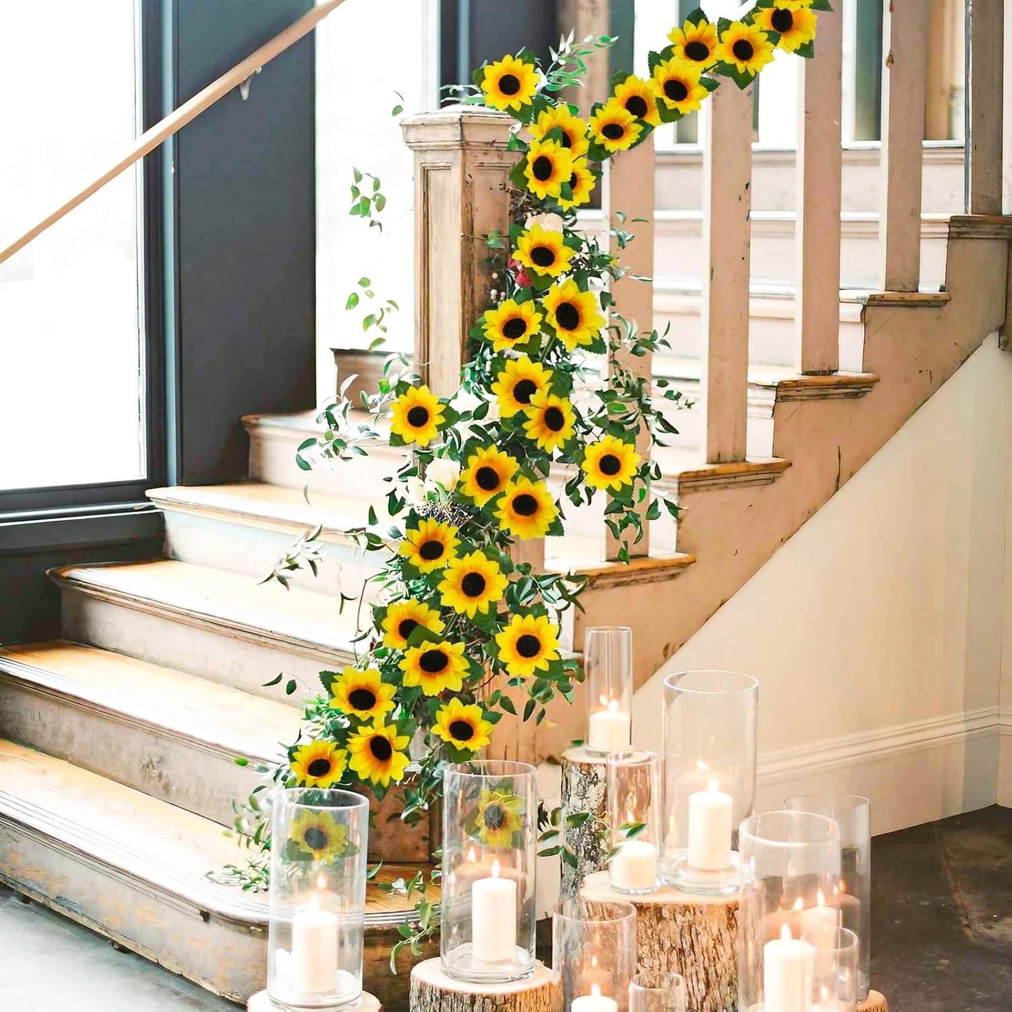 Uieke 3 Pack 7.5ft/Pcs Artificial Sunflower Garland Hanging Sunflower Vines with Green Leaves,Silk Flowers for Home Room Kitchen Garden Wedding Arch Bridal Baby Shower Party Outdoor Decor Medium