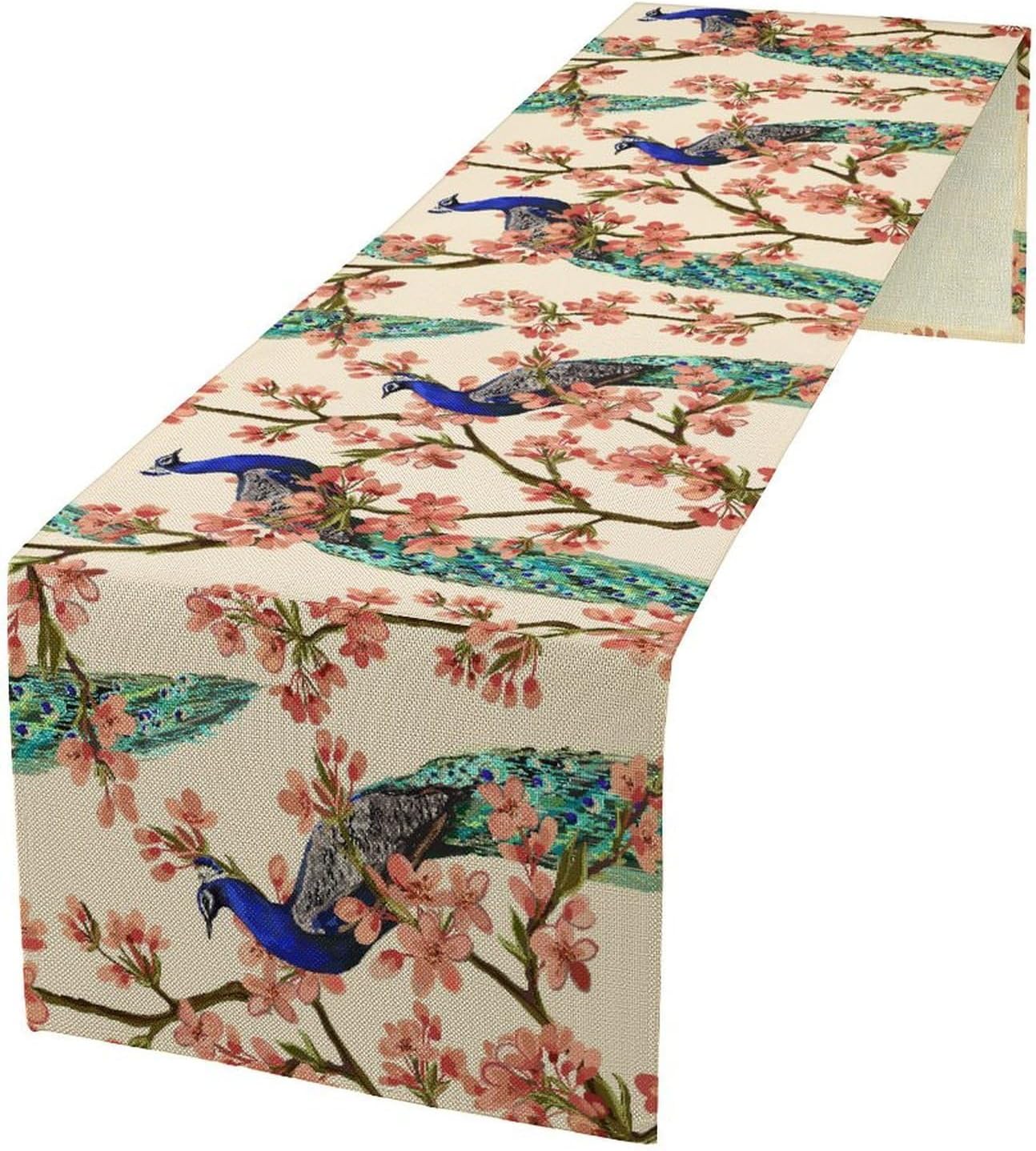 Peacock Table Runner,Spring Floral Peacock Birds Table Runner for Home Kitchen Dining Party Indoor Outdoor Decoration 13x90 Inch
