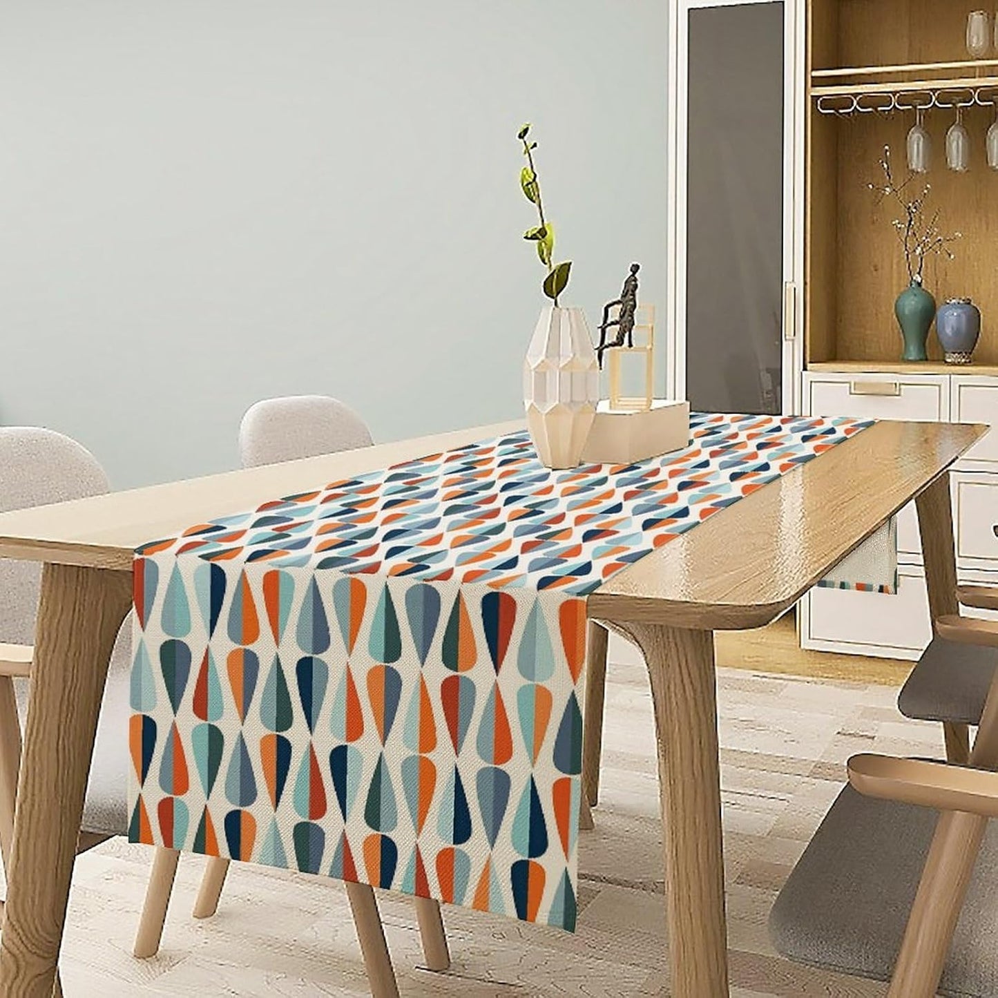 Mid Century Table Runner, Modern Style Retro Pattern Droplet Shapes Mosaic Tones Pattern Print for Home Kitchen Table Decor Dining Coffee Room Party Decor 13x108in