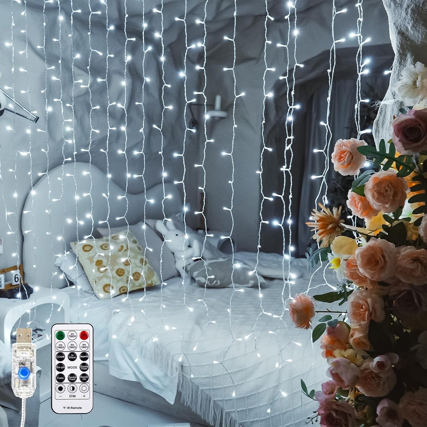 Curtain Light for Bedroom, 200LED 6.6x6.6ft White Window Wall Hanging Fairy Curtain String Light, 8 Modes Remote Fairy String Lights Indoor for Wedding Party Home Garden Decorations