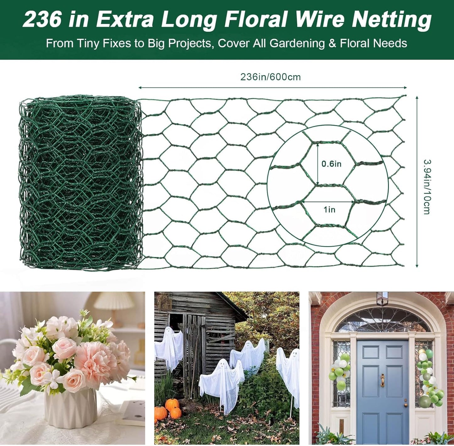 4 × 236 in Floral Wire Netting, Green Chicken Wire for Floral Arrangements, Galvanized Coated Chicken Mesh Netting with Plier & Plant Ties for Floral Supplies | Garden Fencing | DIY Craft