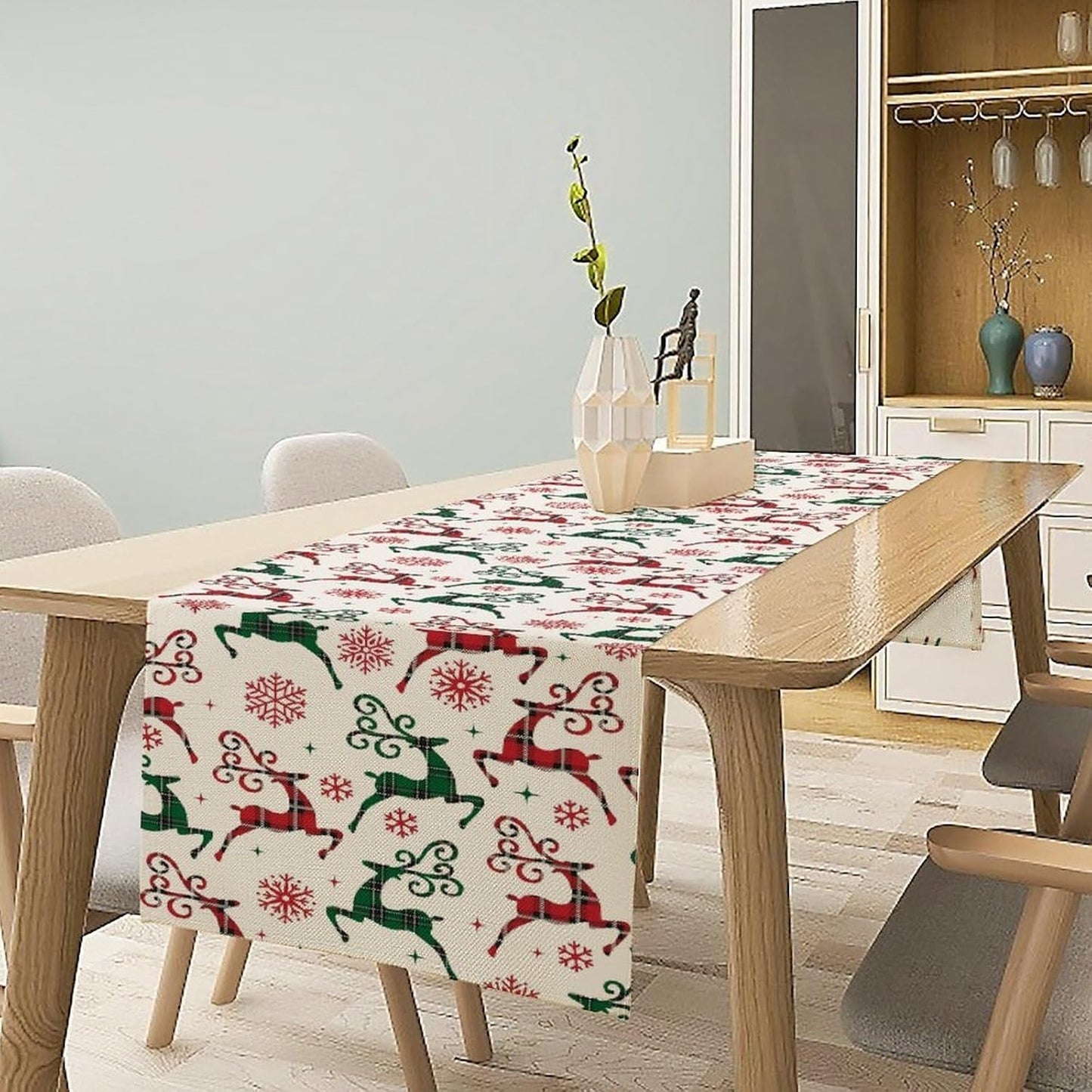 Christmas Table Runner,Christmas Plaid Deer Print Farmhouse Table Cloth Kitchen Dining Table Decoration for Home Party Decor 13x120 Inch