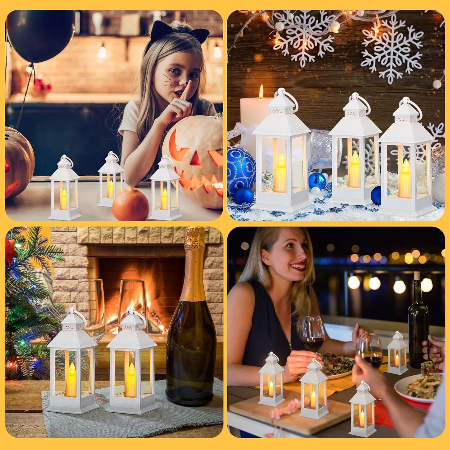 Hoolerry 24 Set Halloween Mini Lanterns with LED Candles 5.5'' Decorative Hanging Small Vintage Lantern Centerpiece Battery Powered for Wedding Table(White)