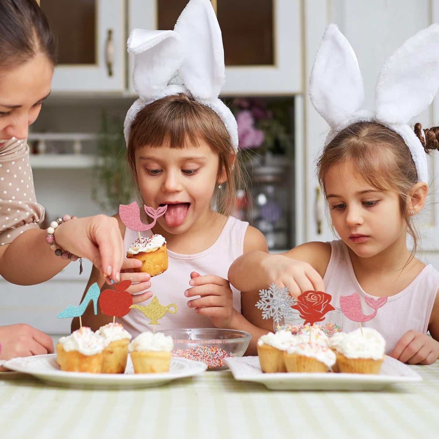 Gyufise 24Pcs Princess Symbol Cupcake Toppers Apple Mermaid High Heel Snowflake Rose Cupcake Picks for Girl Birthday Baby Shower Party Decorations