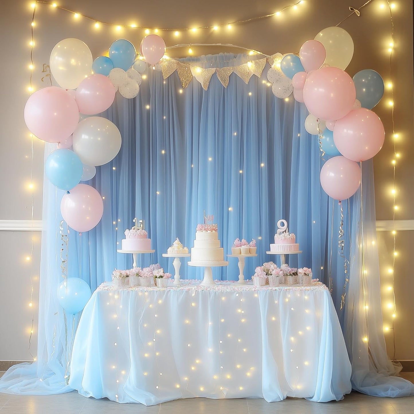 Tulle Backdrop Curtain with Lights String 10FT X 8FT Baby Blue Sheer Tulle Backdrop Curtains for Wedding Birthday Party Reception Photo Booth Background Decorations (2 Panels 5x8FT)