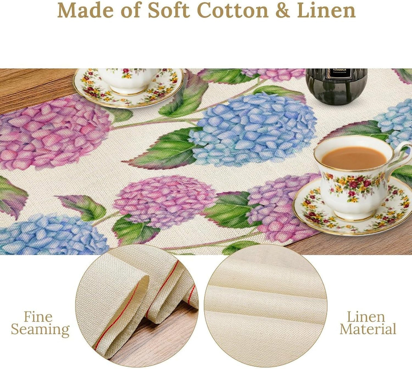 Spring Hydrangea Flower Table Runner, Seasonal Summer Plants Watercolor Pink Purple Florals Dinner Runner for Home Kitchen Dining Table Party Holiday Decoration 13"x120"