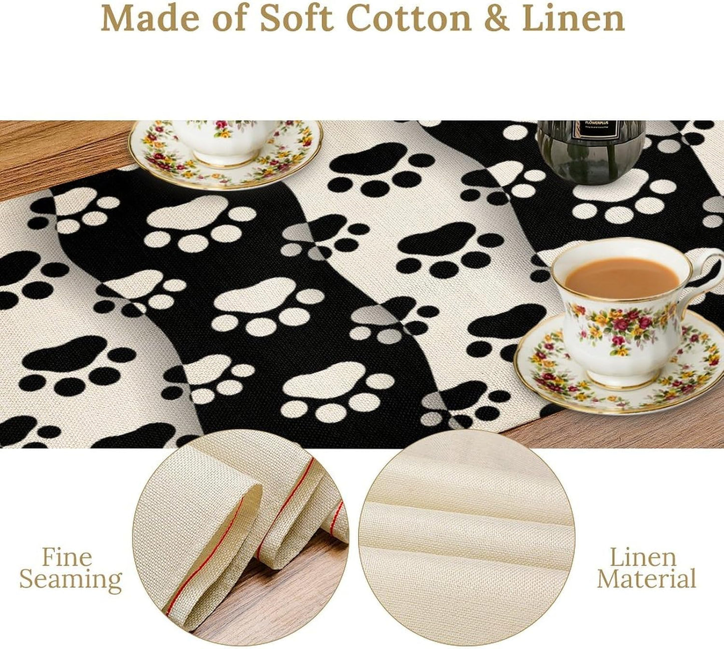 Dog Paw Table Runner,Kid Cute Animal Footprint Black White Theme Design Print Tablecloth Burlap for Hotel Indoors Outdoor Dining Room Kitchen Home Decor,W13X L80 in