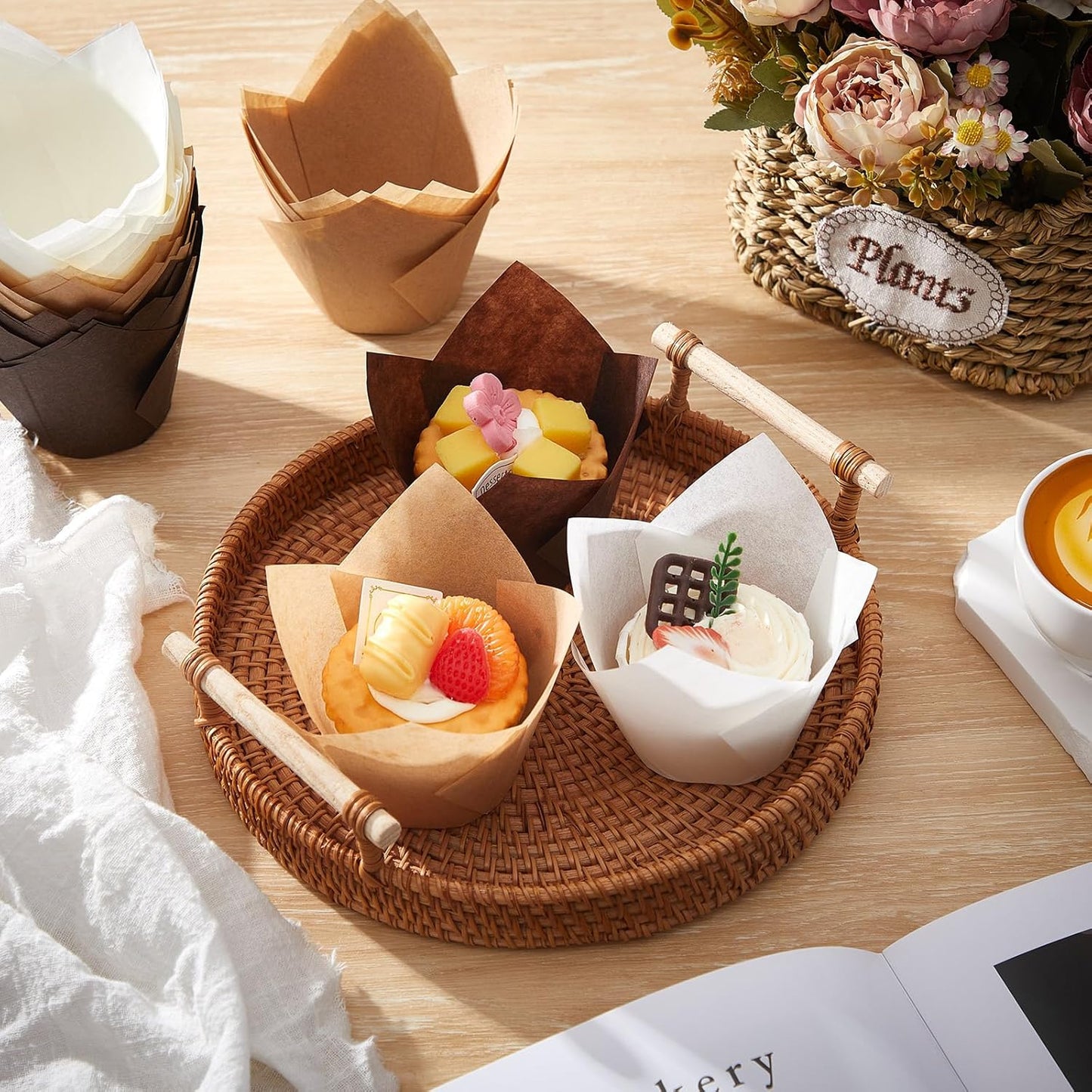 300 Pcs Jumbo Muffin Liners for Baking 2-1/4" x 4" Large Tulip Cupcake Liners Greaseproof Cupcake Wrapper Paper for Weddings Birthday Christmas Anniversaries Party (Light Brown,White,Brown)