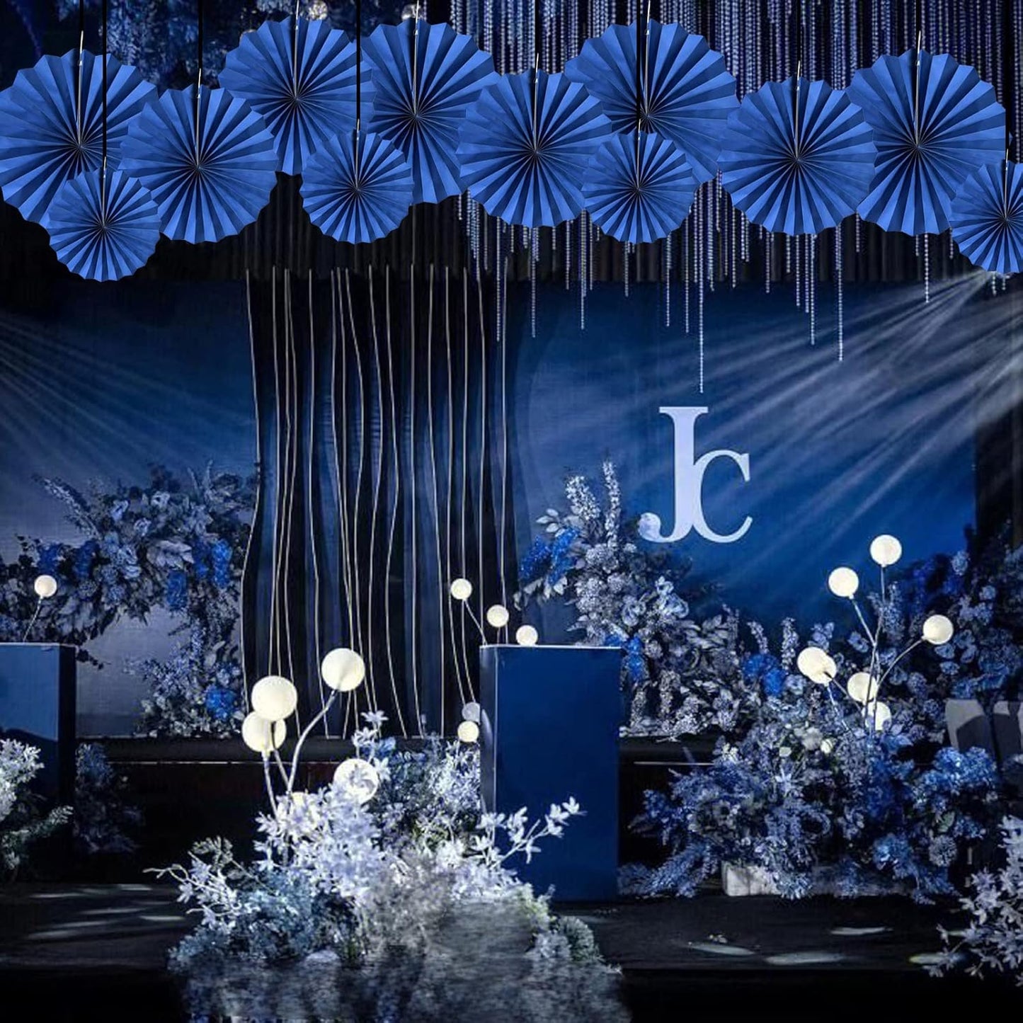 HQZ Blue Party Hanging Fans DIY Set - 12pcs Paper Fans, Pinwheels, Craft for Wedding, Birthday, Christmas Party Decoration