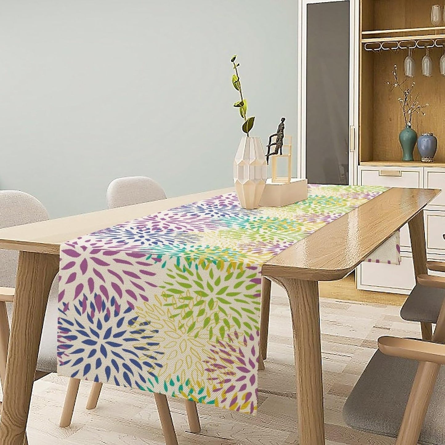 Purple Flowers Table Runner, Chrysanthemum Dahlia Vintage Modern Colorful Spring Summer Elegant Table Runner for Party Kitchen Dining Living Room Laundry Room Decor, 13x36 Inch