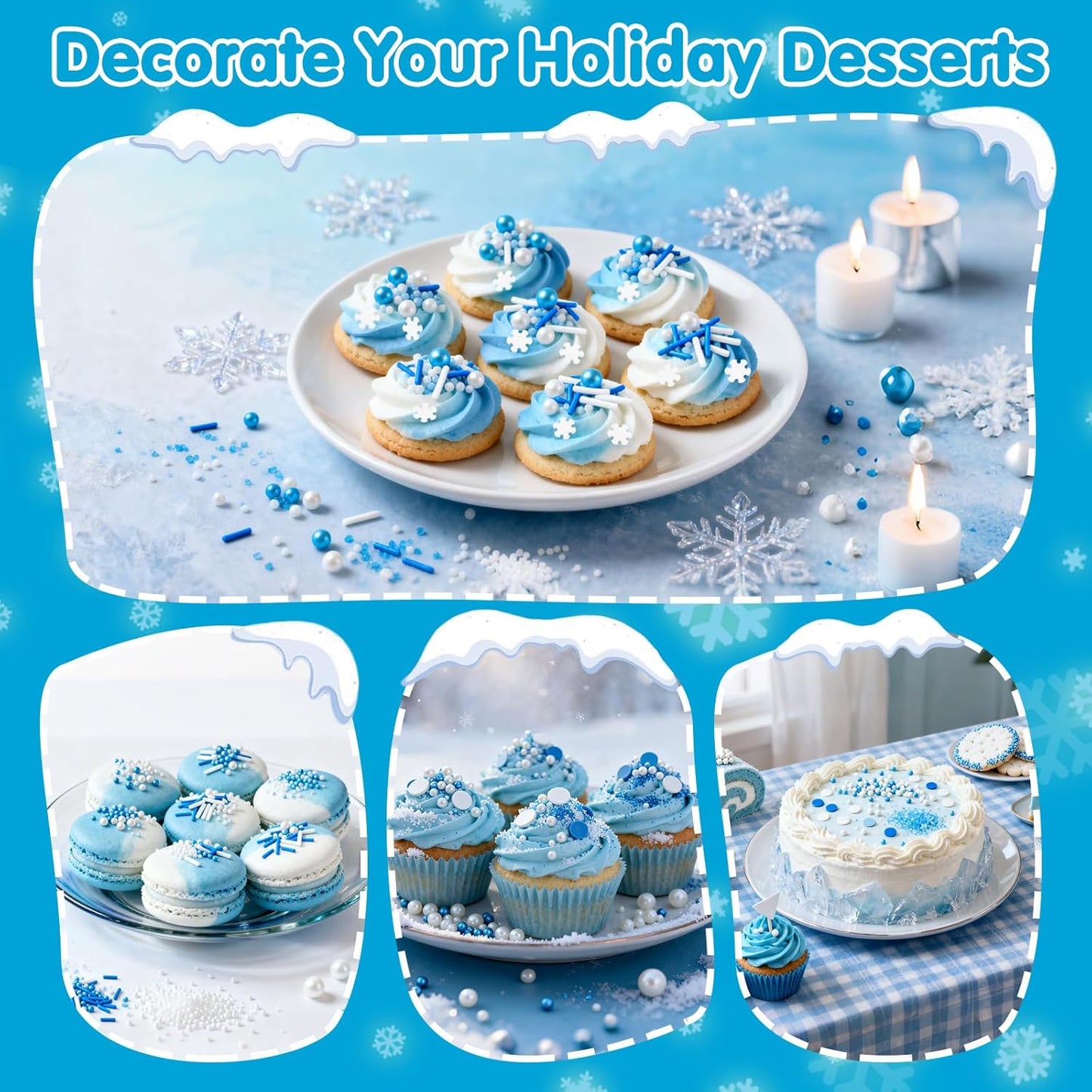 Edible White Snowflake Sprinkles,Blue White Nonpareils Pearls Jimmies Mix Sugar Sprinkle,100g,Snow Block Candy for Cake Decorating,Holiday Cake Decorations,Dessert,Cookies,Christmas Winter Baking Decorating