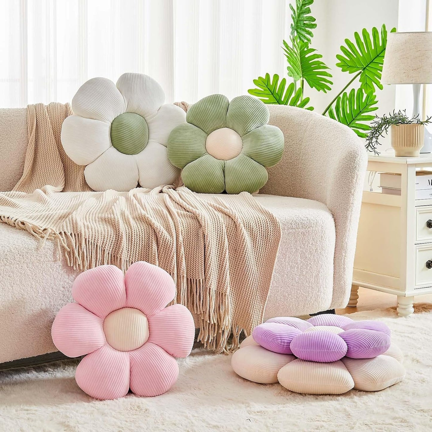 Sage Green Flower Pillow, 17.7" Cute Flower Shaped Floor Pillow, Aesthetic Floral Plush Daisy Decorative Throw Pillows for Bed Sofa Couch