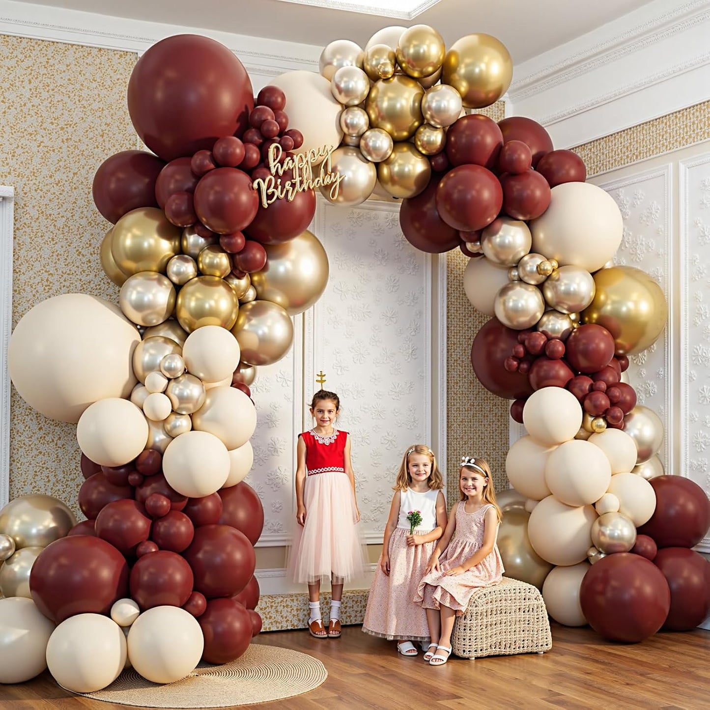 Burgundy Balloon Garland Arch Kit,412Pcs Burgundy and Sand White Metallic Gold Balloons for Wedding Bridal Shower Birthday Wine Anniversary Engagement Party Graduation Decorations