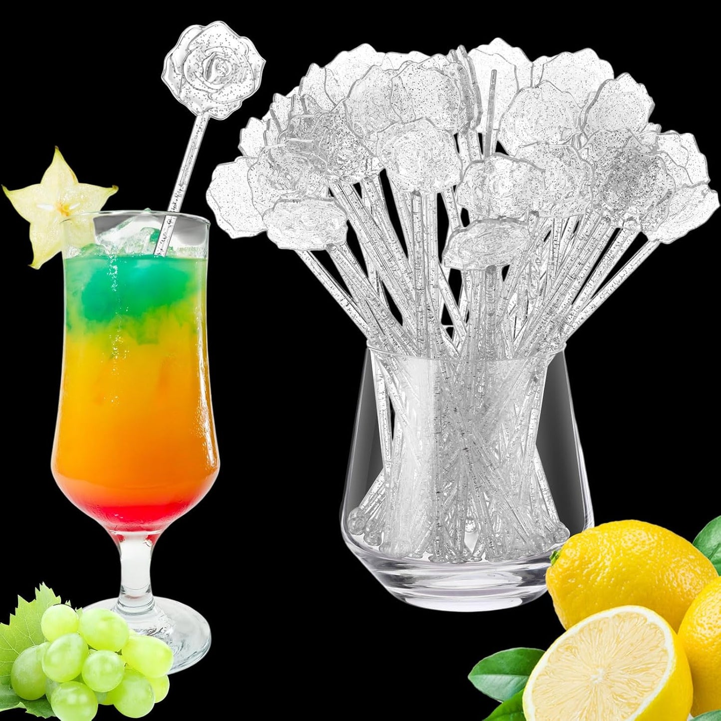100 Pcs Silver Glitter Drink Stirrers Cocktails Plastic Swizzle Sticks 7.5 Inch Cupcake Pop Sticks Toppers Rose Top Wedding Drink Stirrers for Mixed Drinks Coffee Birthday Wedding Party