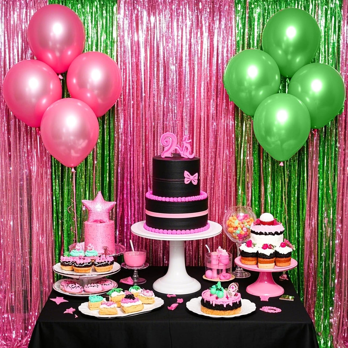 4 Packs Pink and Green Foil Fringe Curtain, Pink Green Metallic Tinsel Backdrop for Birthday, Baby Shower, Princess Bachelorette Party, Witch Party Decorations Supplies