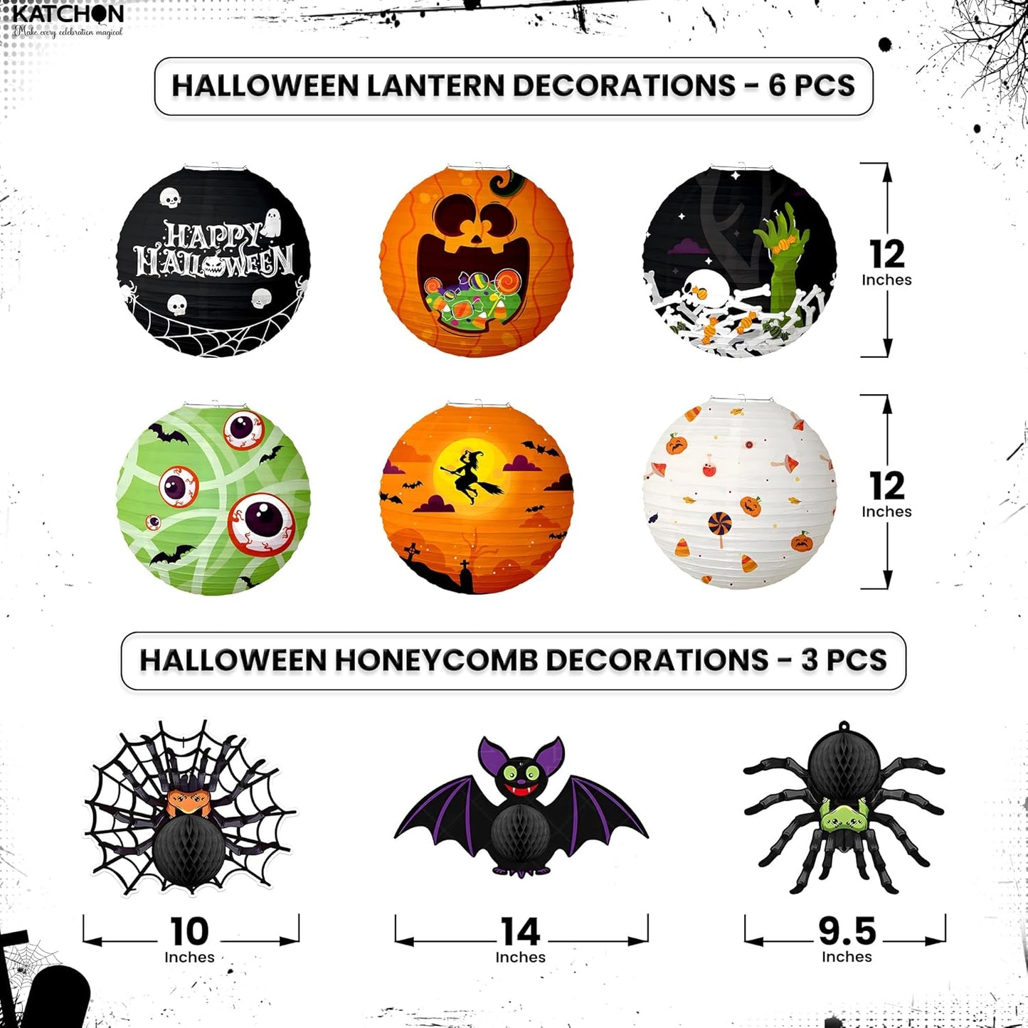 KatchOn, Halloween Paper Lanterns & Honeycomb Set – Pack 9 | Hanging Halloween Decorations Indoor, Outdoor | Spooky Hanging Decorations | Halloween Honeycomb for Halloween Party Decorations