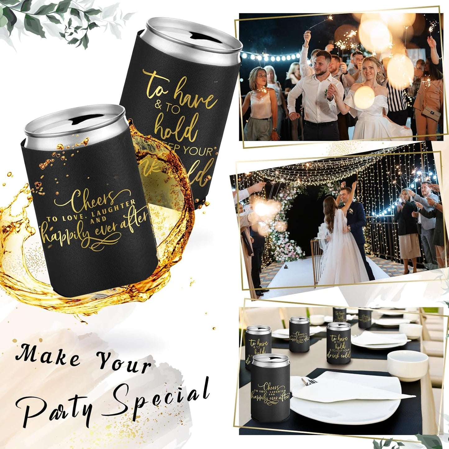 50 Pieces Black Wedding Can Cooler Sleeves Bulk Engagement Party Favors for Guests Cheers to Love Laughter Happily Ever After Rehearsal Dinner Decorations for Wedding Bridal Party