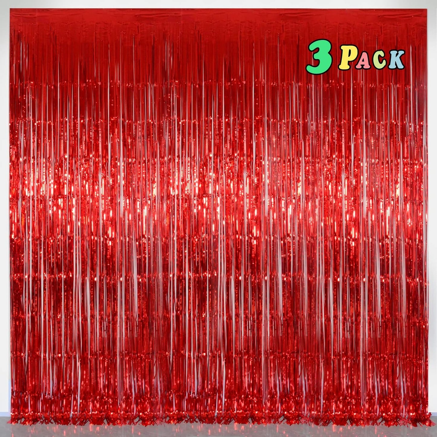 Foil Fringe Curtains Party Decorations - Melsan 3 Pack 3.2 x 8.2 ft Tinsel Curtain Party Photo Backdrop for Birthday Party Baby Shower or Graduation Decorations (Pure red)