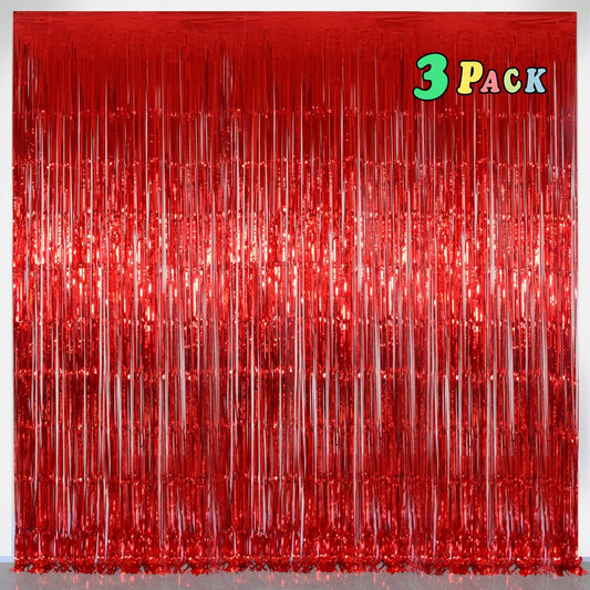 Foil Fringe Curtains Party Decorations - Melsan 3 Pack 3.2 x 8.2 ft Tinsel Curtain Party Photo Backdrop for Birthday Party Baby Shower or Graduation Decorations (Pure red)