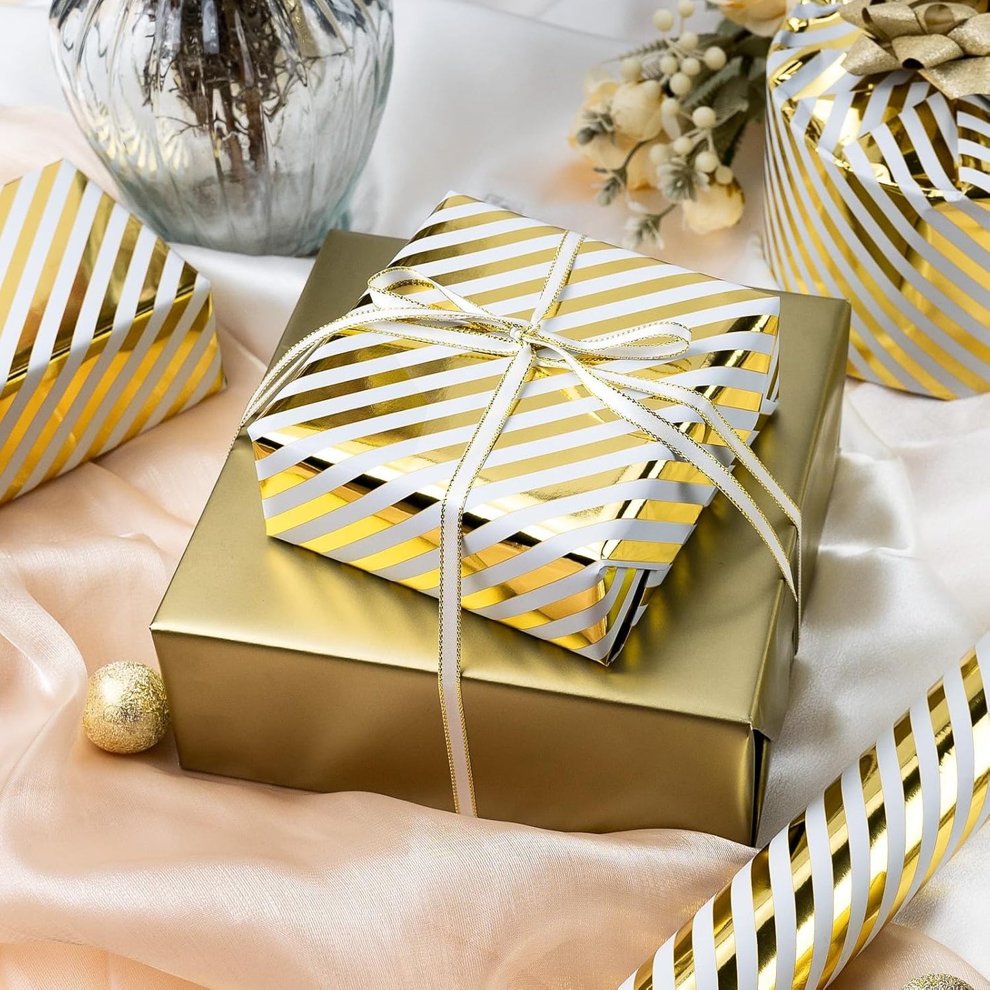 Burymento Platinum Stripe Wrapping Paper, Reversible Gold Gift Wrap for Birthday, Valentines, Mothers day, Graduation, Wedding, Fathers day, Baby Shower, Christmas (17in x 32.8ft)