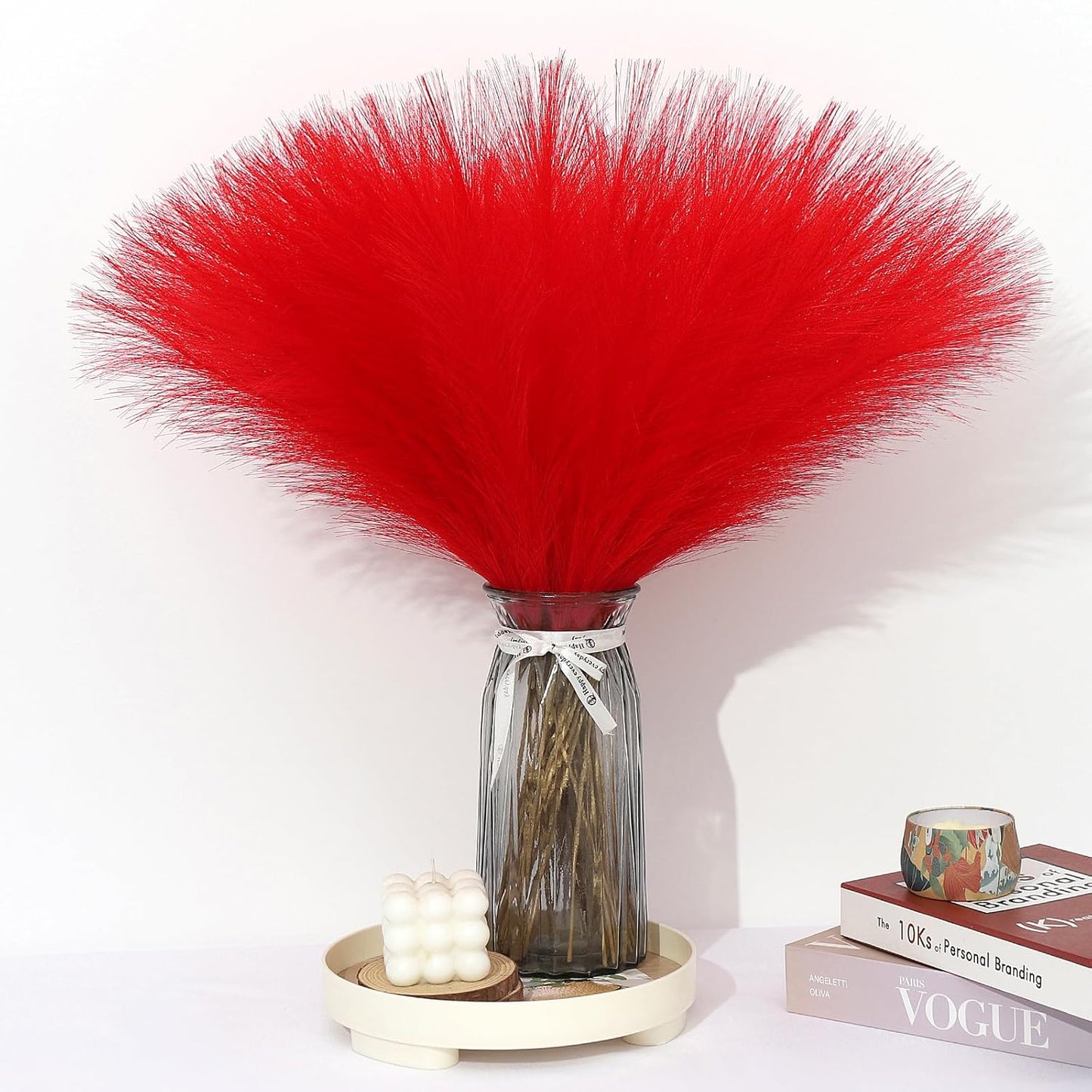 Red Pampas Grass Decor 30 Pcs 21.7 Inch Faux Pampas Grass Bulk Artificial Dried Flowers Small Vase Filler Pompas Grass.