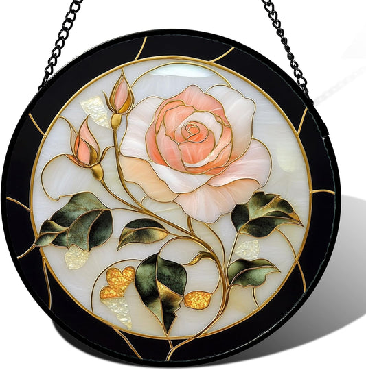 Stained Glass Window Hanging - Black White Pink Rose Sun Catcher for Door Home Decor Flower Suncatcher Christmas Mother's Day Birthday Gifts for Women Men Lovers Mom Nana 11.8 in