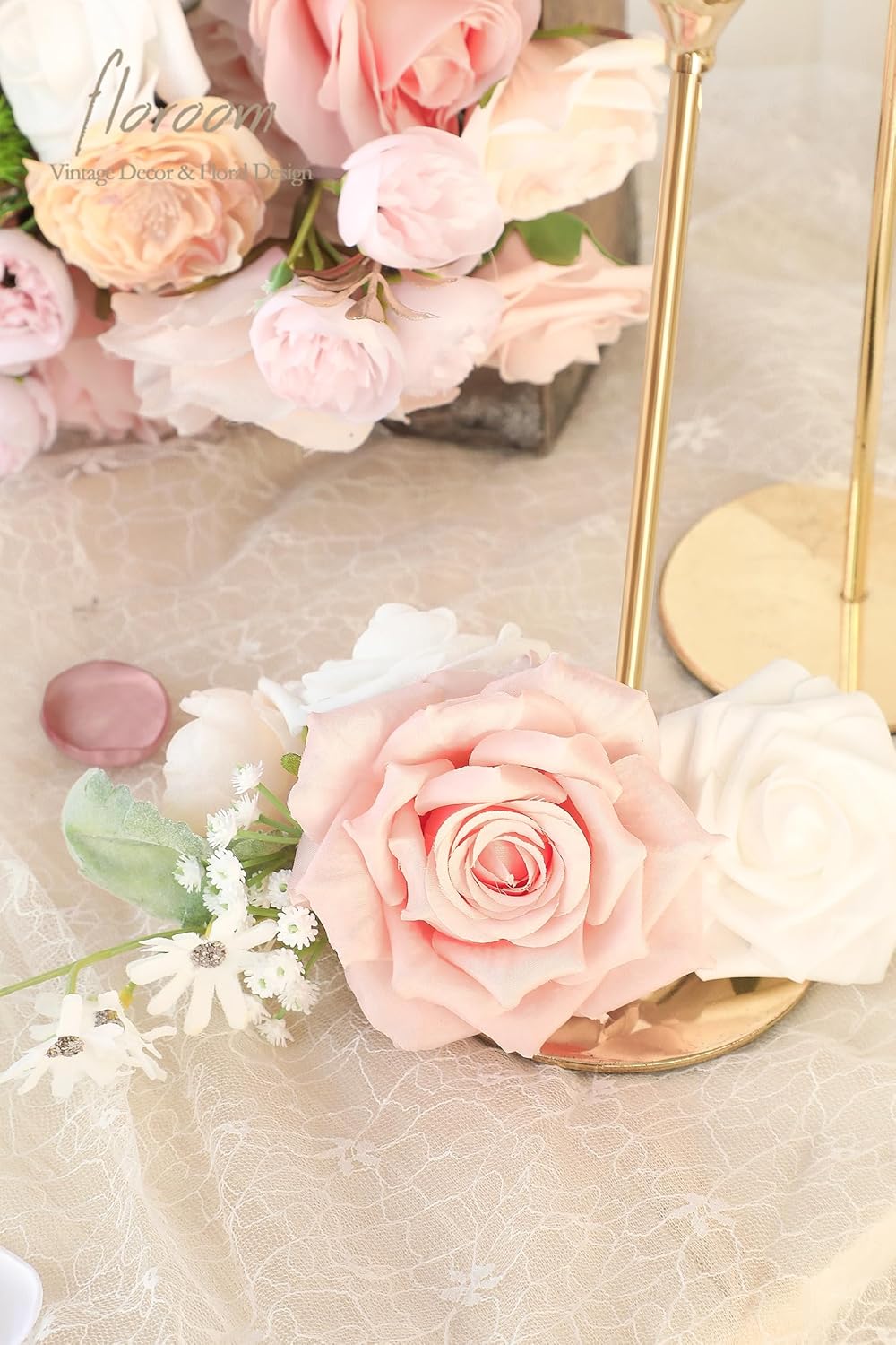 Floroom Blush Peach Pink Artificial Flowers Cream Fake Roses Peonies and Greenery Combo Box Set for DIY Wedding Bouquets Bridal Shower Centerpieces Floral Arrangements Party Tables Home Decorations