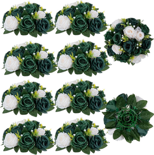 BLOSMON Green Flowers Artificial for Weddings: 10 Pcs Fake Rose Flower Balls for Table Decorations - Fake Silk Kissing Bouquet Floral Arrangement for Home Party Event Decoration