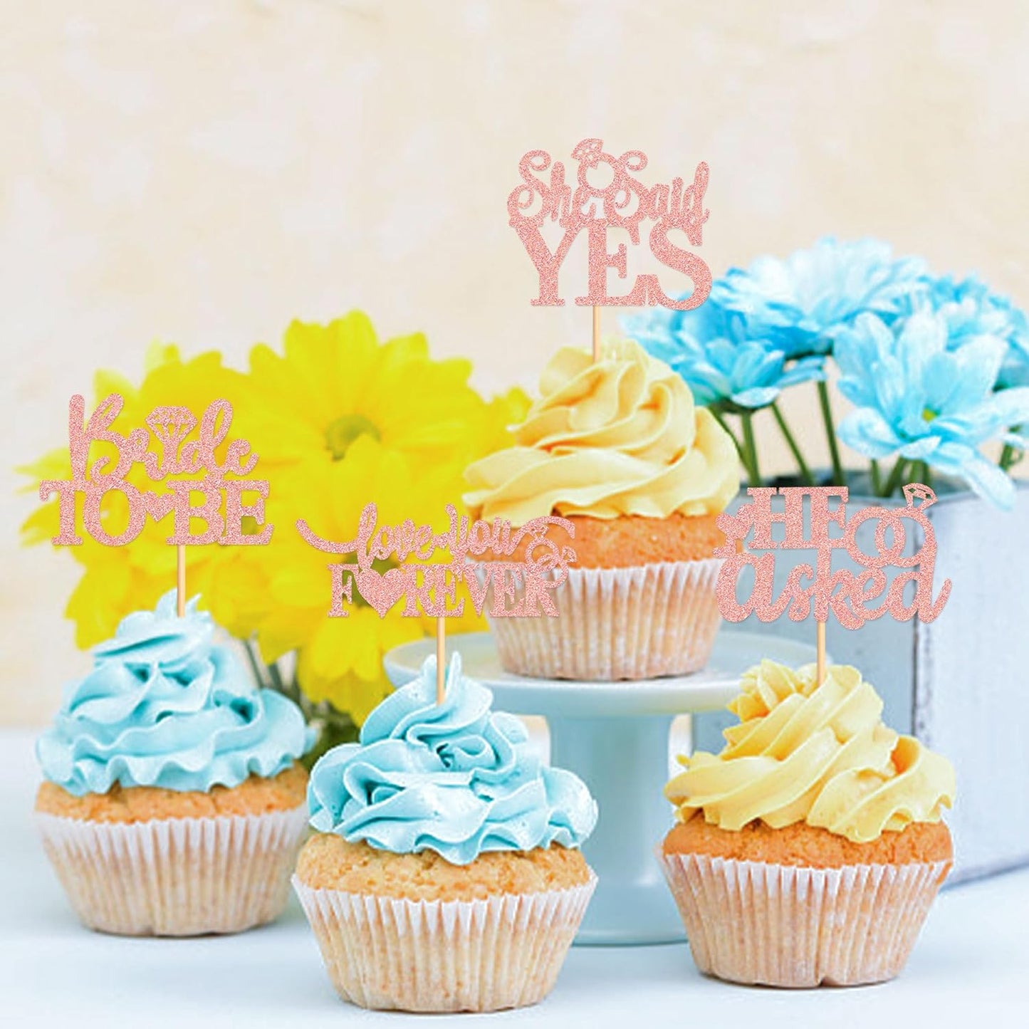 24 Pcs He Asked She Said Yes Cupcake Toppers Cake Picks for Wedding Engagement Party Cake Picks for Wedding Bridal Shower Party Cake Decorations Rose Gold