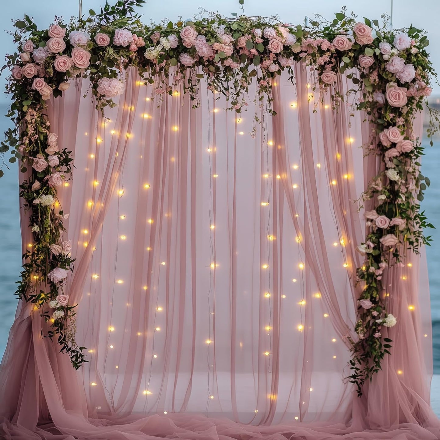 Fomcet Dusty Rose Tulle Backdrop Curtains with Lights String 10FT X 10FT Sheer Curtains with Lights Tulle Curtain Backdrop for Wedding Birthday Party Photo Shoot (2 Panels 5x10FT)