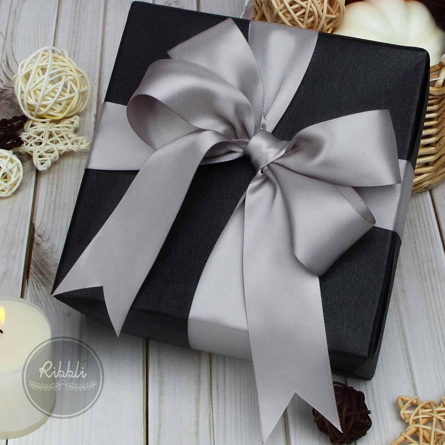 Ribbli Silver Double Faced Satin Ribbon,1-1/2” x Continuous 25 Yards,Use for Bows Bouquet,Gift Wrapping,Wedding,Floral Arrangement