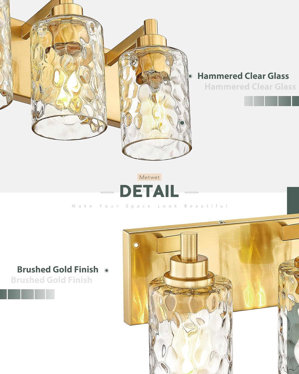 5-Light Bathroom Light Fixtures, 30 Inch Brushed Gold Vanity Lights with Clear Hammered Glass Cylinder Shade, Modern Vanity Lighting Fixture Over Mirror, VL198-BG-5