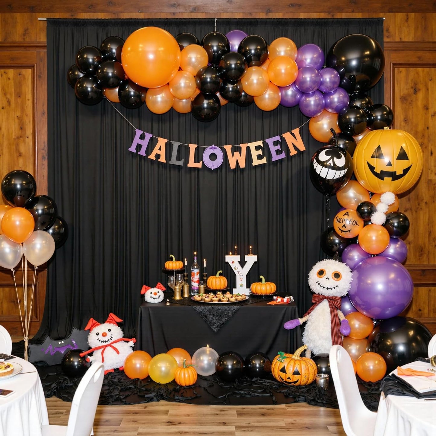 PartyVillage 20ft×15ft Black Backdrop Curtain for Halloween Parties, 4 Panels Wrinkle Free 15 FT Long Polyester Photo Backdrop Drapes Back Drop Cloth for Birthday Photography Background