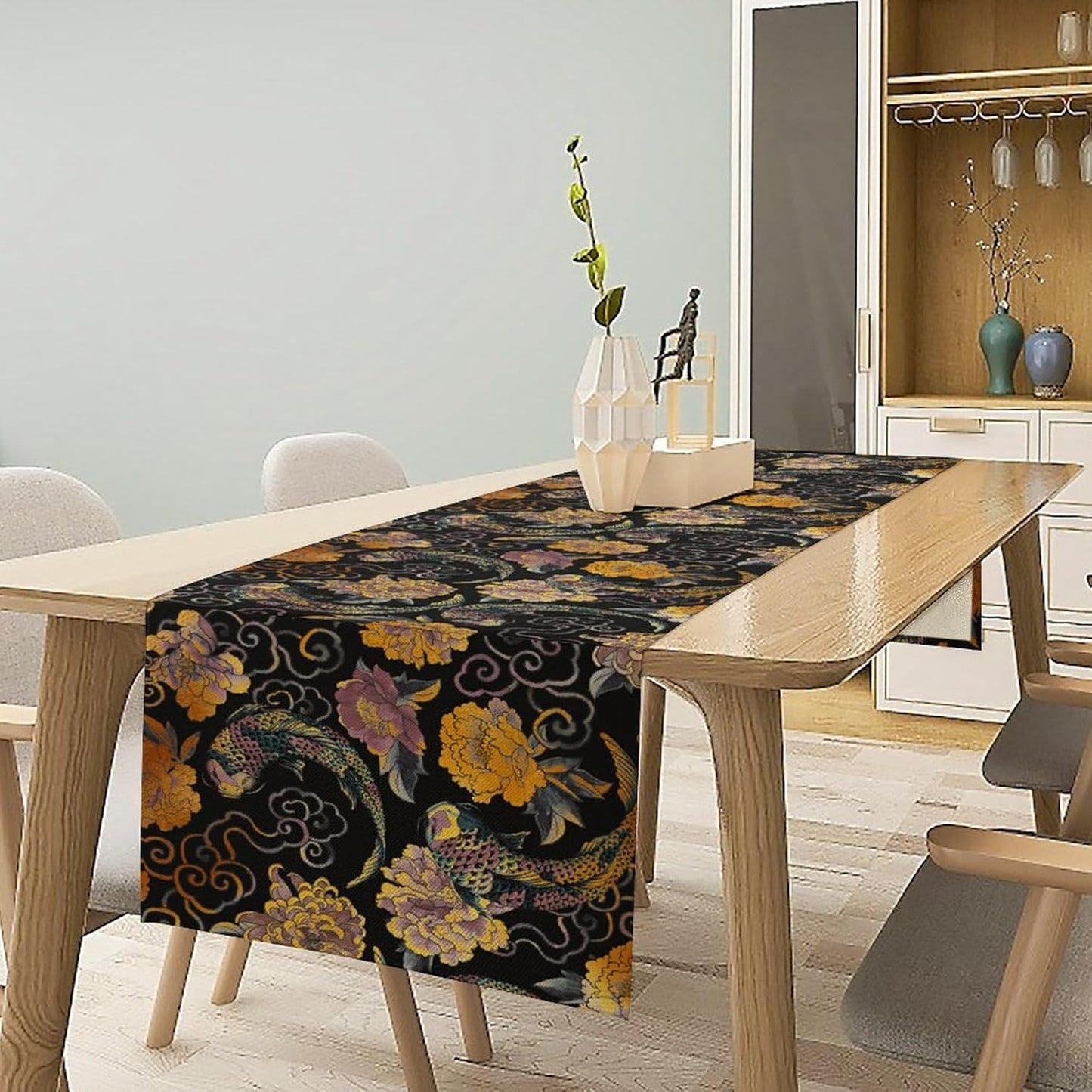 Japanese Table Runner Retro Flowers Oriental Tradition Kio Fish Art Printed Burlap Runner Home Kitchen Dining Table Living Room Decor Fabric 1 Panel W13xL60in