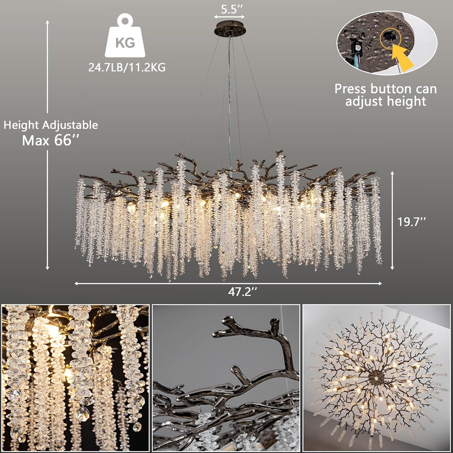 YUYI 47.2'' Modern Crystal Chandeliers for Dining Room,Black Luxury Round Tree Branches Chandelier Lighting,High Ceiling Chandelier Light Fixture Hanging Pendant Light Fixtures