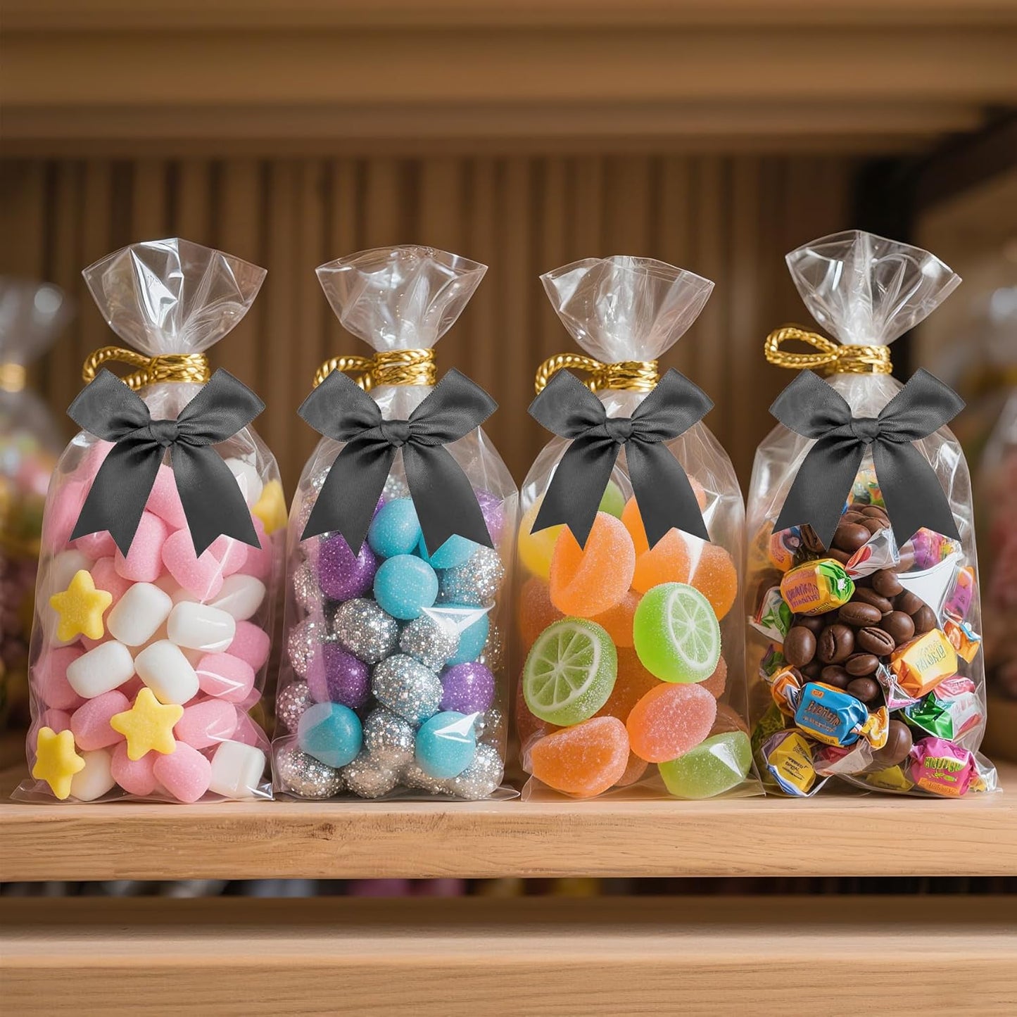 50 PCS Twist Tie Bows Satin Ribbon Bows 3.3 Inch Gift Wrap Bows Craft Bows for Gift Wrapping, Party Decorations Gifts Bag DIY Treat Bags Wedding Decor Baby Shower Christmas (Black)