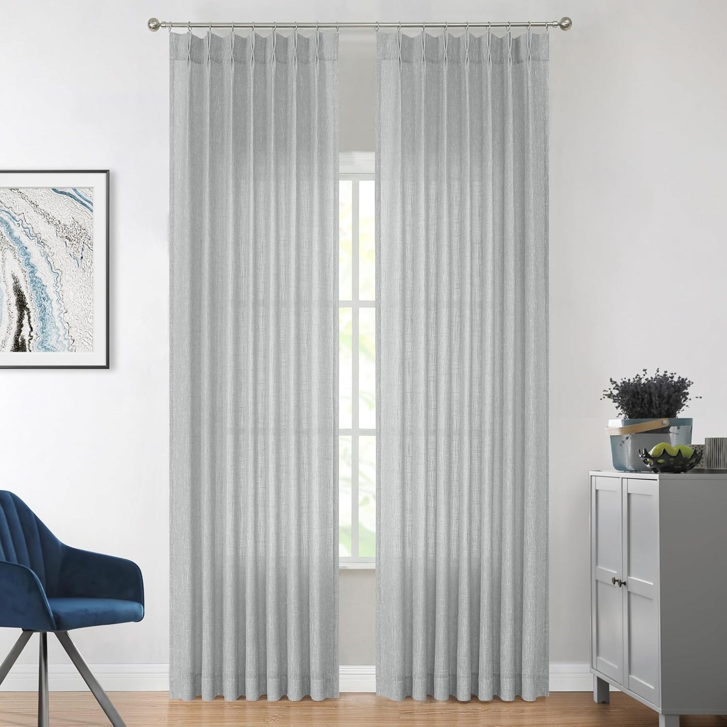 Vision Home Gray Pinch Pleated Semi Sheer Curtains Textured Light Filtering Window Curtains 120 inches for Living Room Bedroom Silver Grey Pinch Pleat Drapes with Hooks Back Tabs 2 Panels 40" Wx120 L