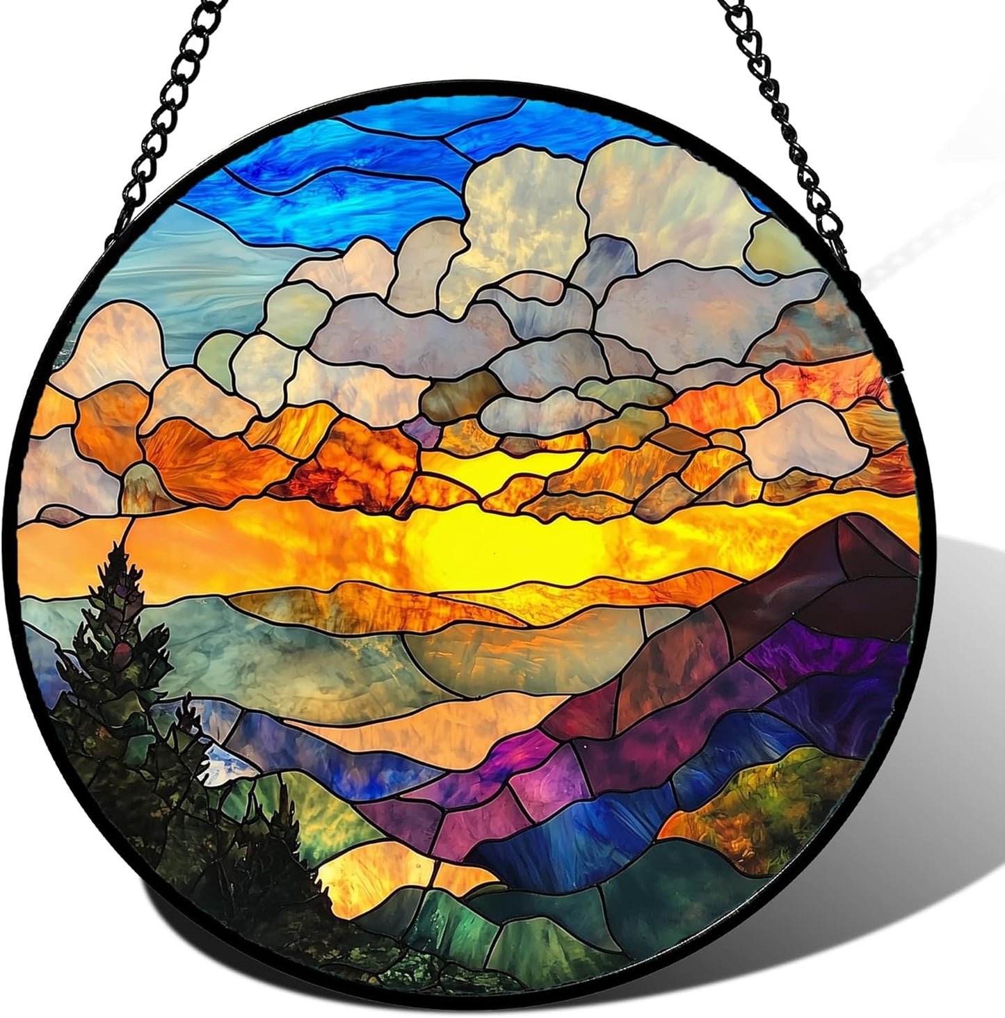 Stained Glass Window Hanging, Abstract Clouds Mountains Landscape Suncatcher for Doors Window Home Sun Catchers Decor Mother's Day Birthday Gifts for Women, Men Mom 9.8 in