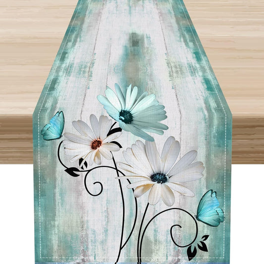 Daisy Floral Table Runner, Farmhouse Abstract Spring Seasonal Summer Blue White Flower Rustic Table Center Decor for Home Kitchen Dining Patio Holiday Party Indoor Table Decorations, 13"x108" Inch