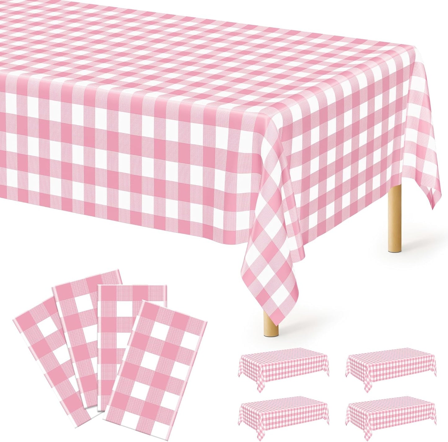 4Pack Pink Table Cloth, 54" x 108" Plastic Table Cloth Disposable, Waterproof Picnic Table Cover Checkered Rectangle Tablecloths for Indoor Outdoor Picnic Birthday Party Supplies Gathering BBQ Holiday
